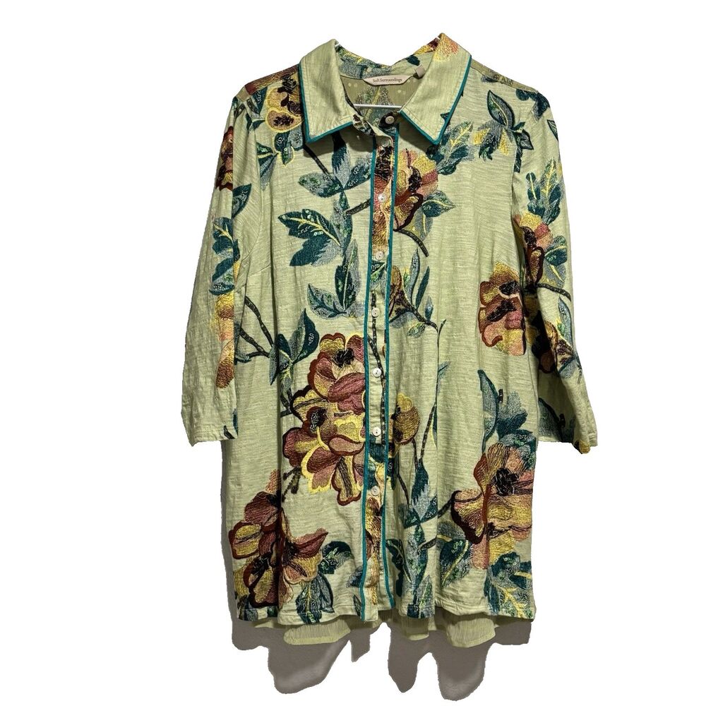 Soft Surroundings Elena Top Tropical Floral Button‎ Down Top Size Large Bohemian